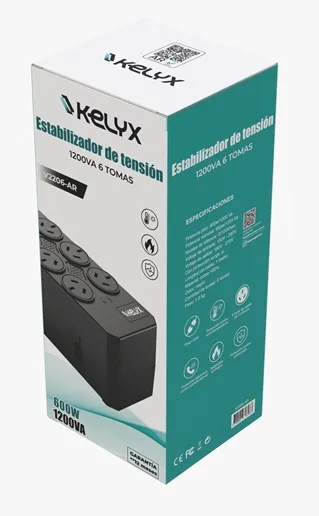 Estabilizador de Tension Kelyx 1200VA 600W 6 tomas alta proteccion cable 1 metro