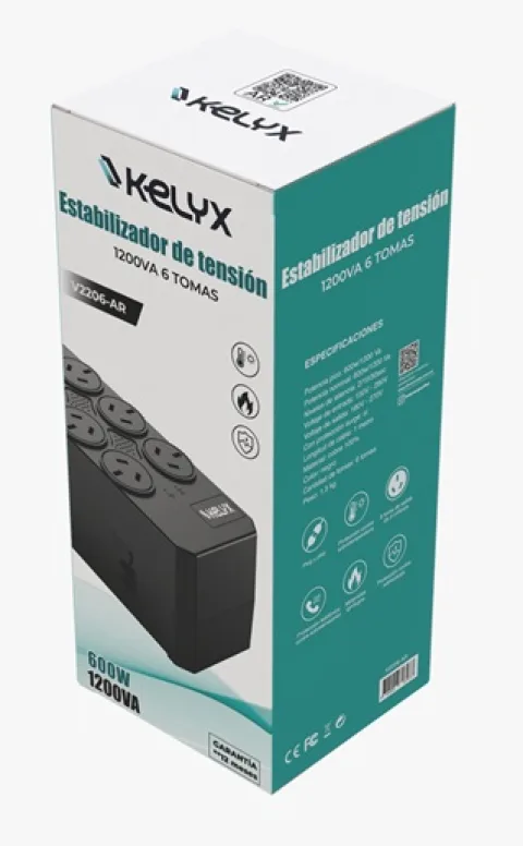 Estabilizador de Tension Kelyx 1200VA 600W 6 tomas alta proteccion cable 1 metro